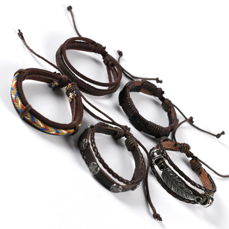 Vintage Weave Cattle Leather Leaves Star Combination Bracelets