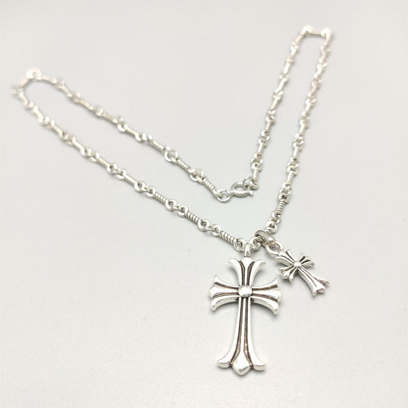 Sier Vintage Temperament Double Cross Couple Necklace