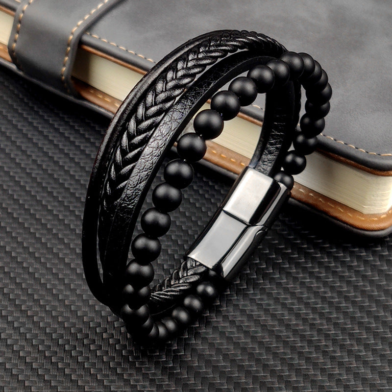 Men's Stainless Steel Leather Black Frosted Beads Woven Magnet Bracelet