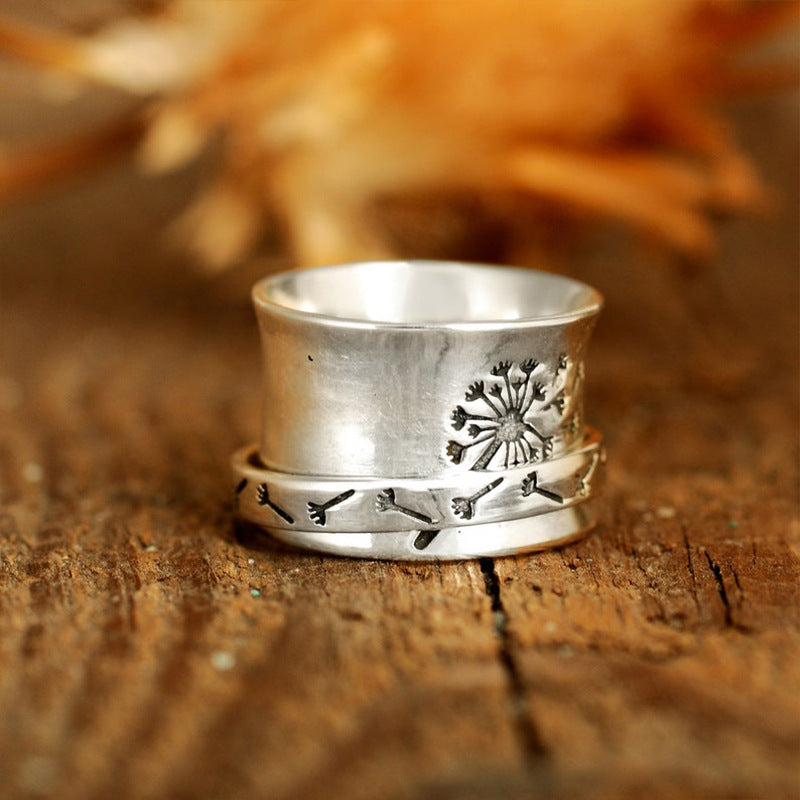 Retro Creative Carved Dandelion Can Be Rotatable Simple Trend Rings