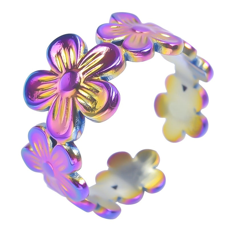 Niche Flower Colorful Golden Steel Titanium Rings