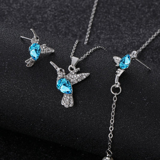 Women's Bird Wings Flying Water Drop Crystal Pearl Tassel Two-piece Clavicle Jewelry Set