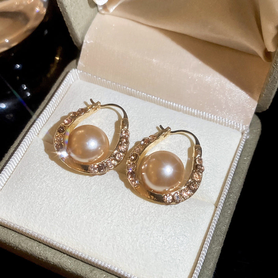 French Flash Zircon Flower Pearl Light Luxury Earrings