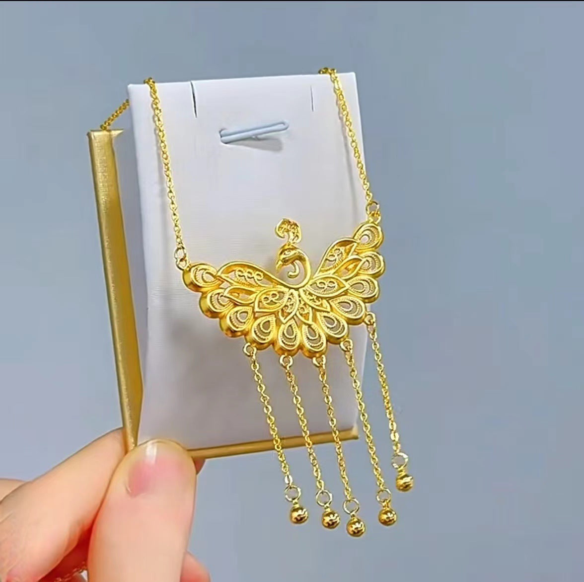 Women's Peacock Open Screen Tassel Yellow Gold Bridal Wedding Shop Chain Necklace