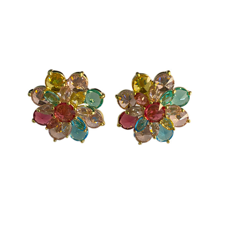 Women's Sier Needle Flower Color Zircon Mori Sweet Fashion Earrings