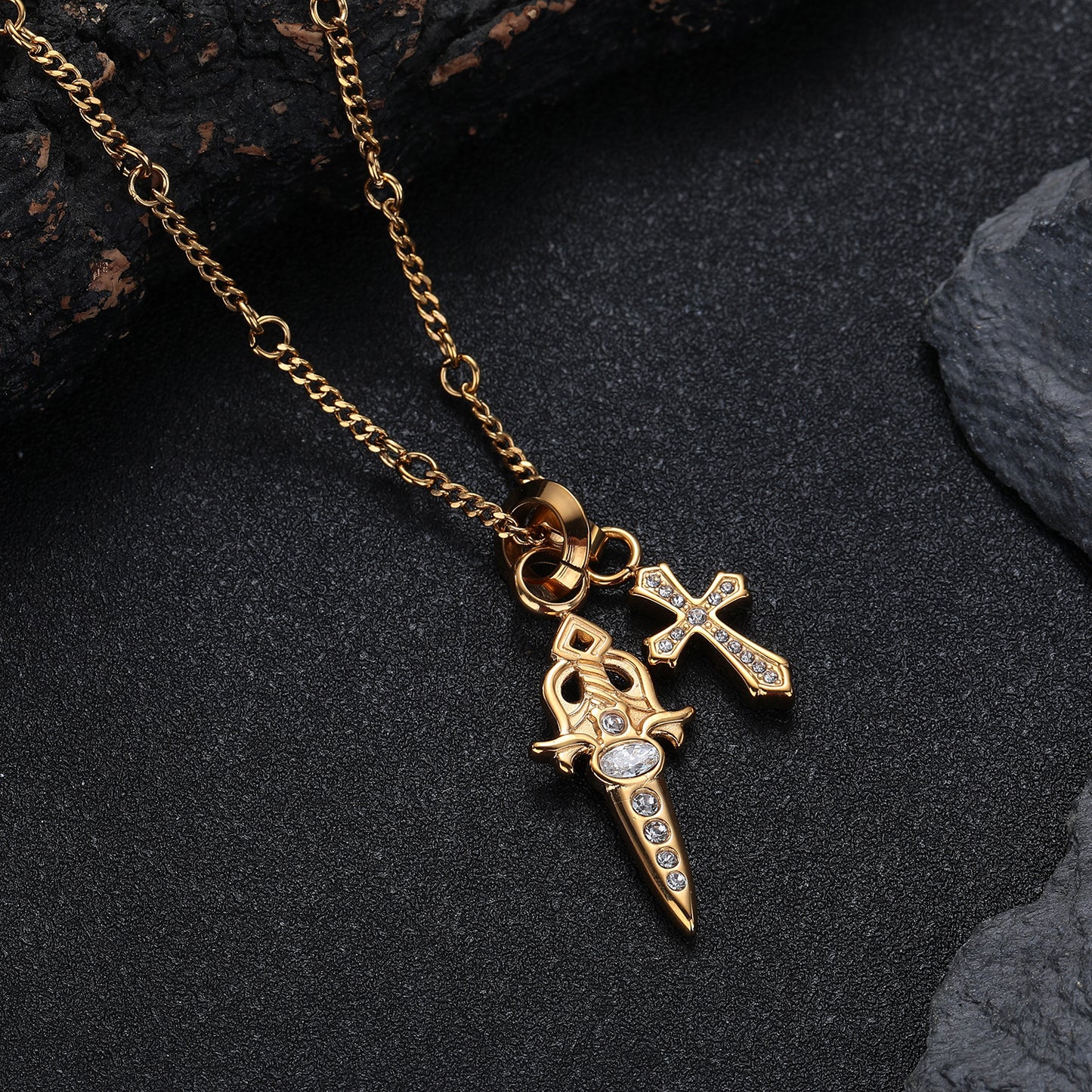 Women's & Men's Titanium Steel No Fading Diamond Sword Cross Necklace