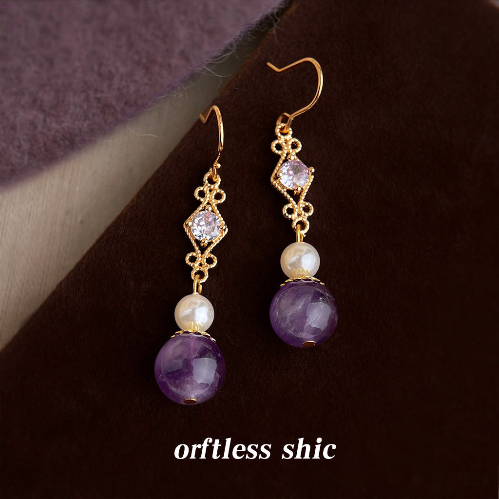 Zircon Long Natural Stone Amethyst Fashion High-grade National Chinese Style Earrings