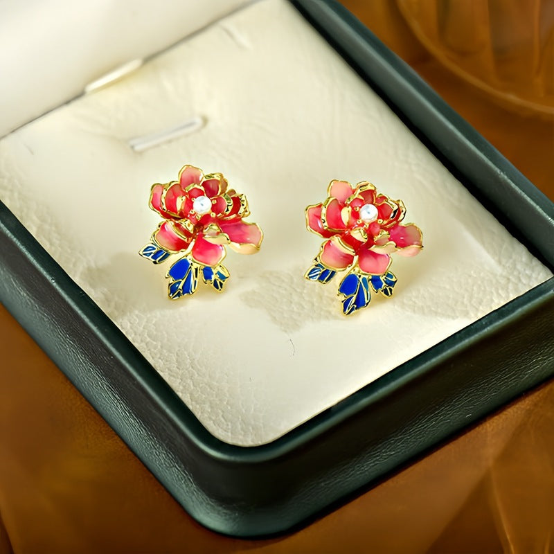 Peony Flower Light Luxury High Sense Glaze Earrings