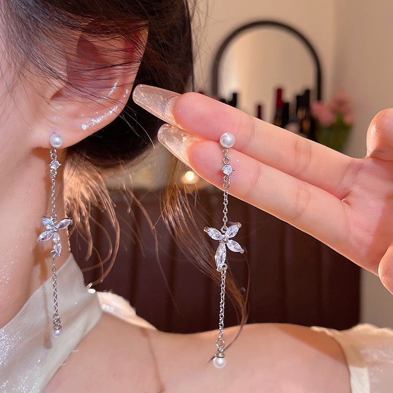 Women's Light Luxury Butterfly Zircon Long Tassel For Beautiful Asymmetrical High Earrings
