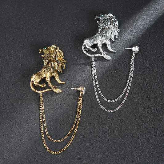 Men's Animal Lion's Head Corsage With Eagle Chain Brooches