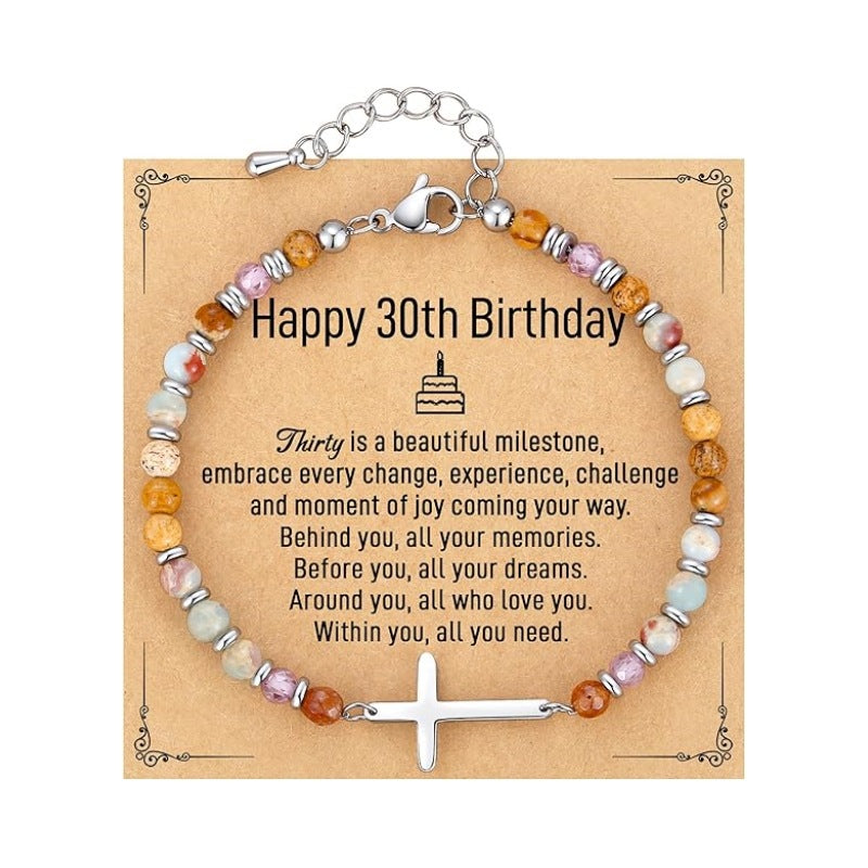 Women's Natural Stone Beaded Cross Lobster Buckle Adjustable Band Bracelet