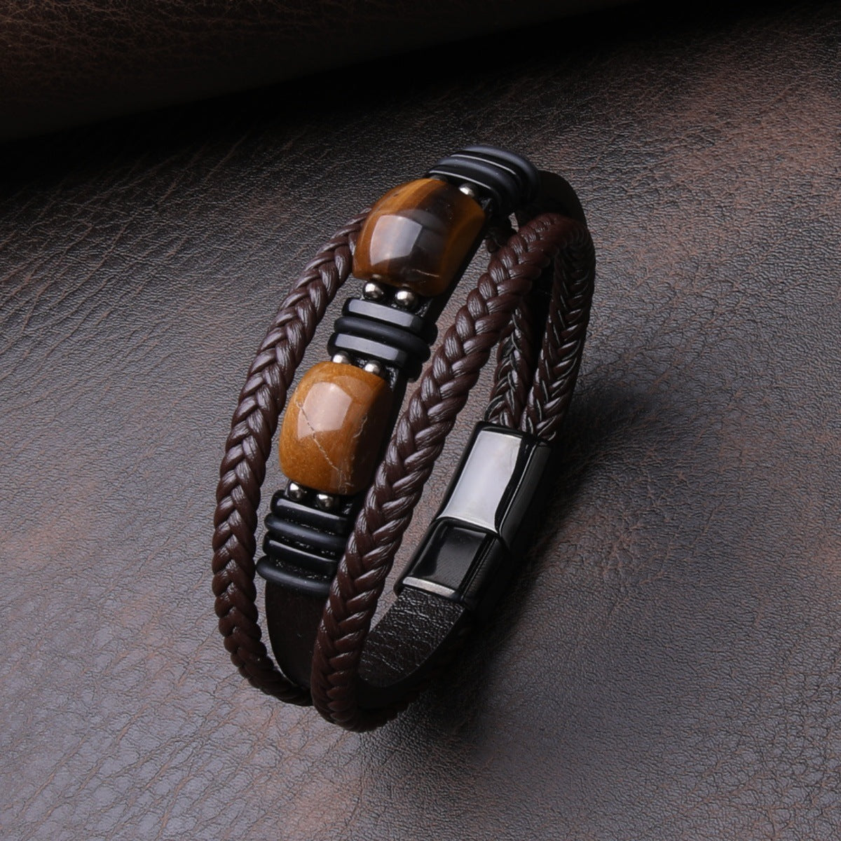 Men's Rope Leather Stone Magnetic Buckle Bracelets