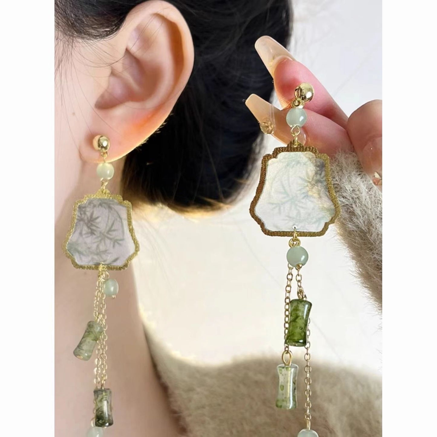 Women's Style National Fashion Enamel Long Tassel Ancient Jade Bamboo Flower Stud Earrings