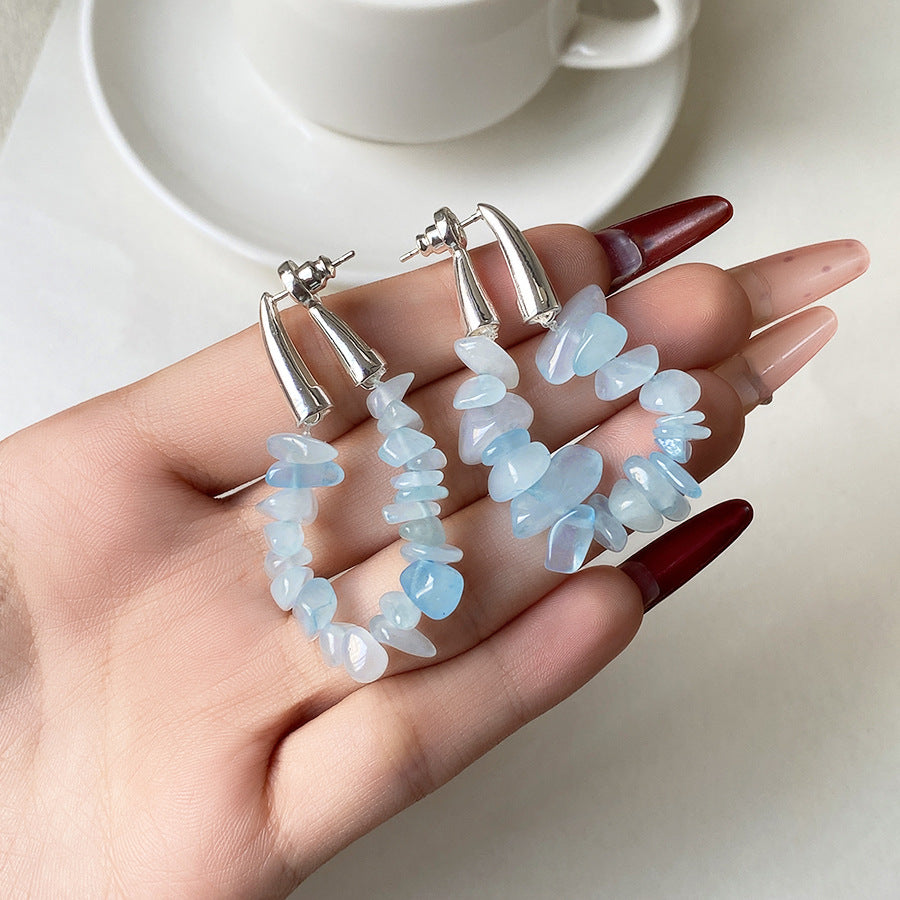 Crystal Gravel Ear Clip Pink Aquamarine Two-color For Summer Graceful Stud Earrings
