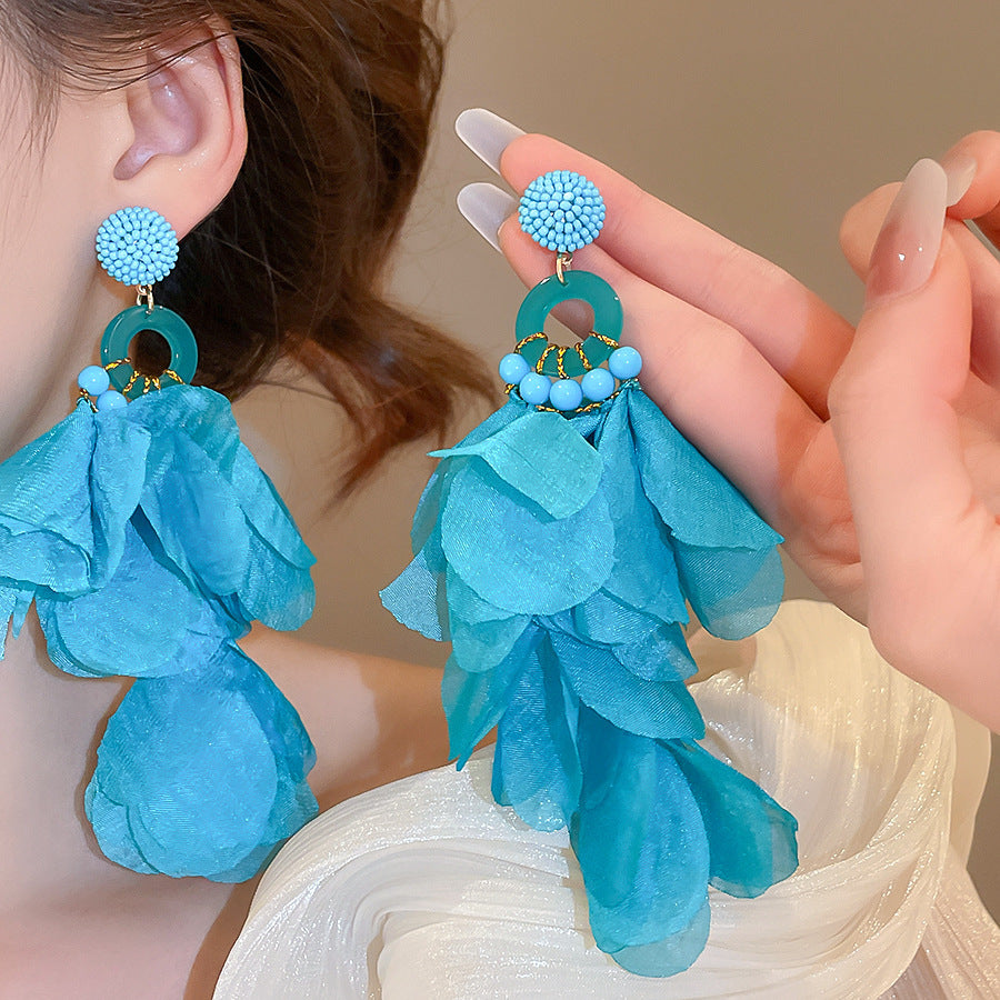 Women's Fresh Blue Fabric Flower Tassel Seaside Vacation Style Light Stud Earrings