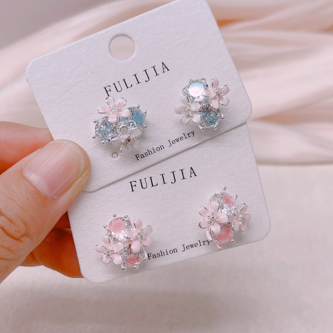 Unique Design Color Zircon Flower Super Fairy Cute Sier Stud Earrings