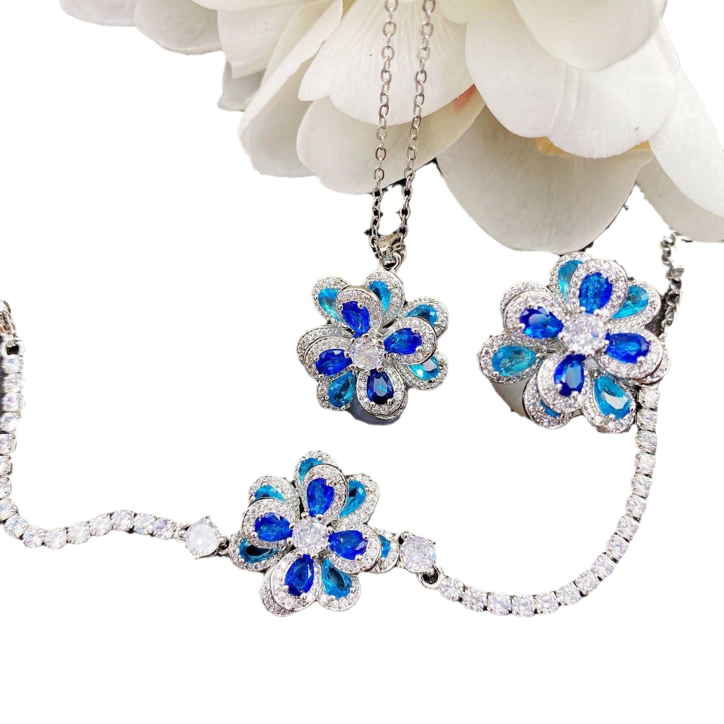 Live Broadcast Elegant Color Zircon Flower Simple Three-dimensional Camellia Jewelry Set