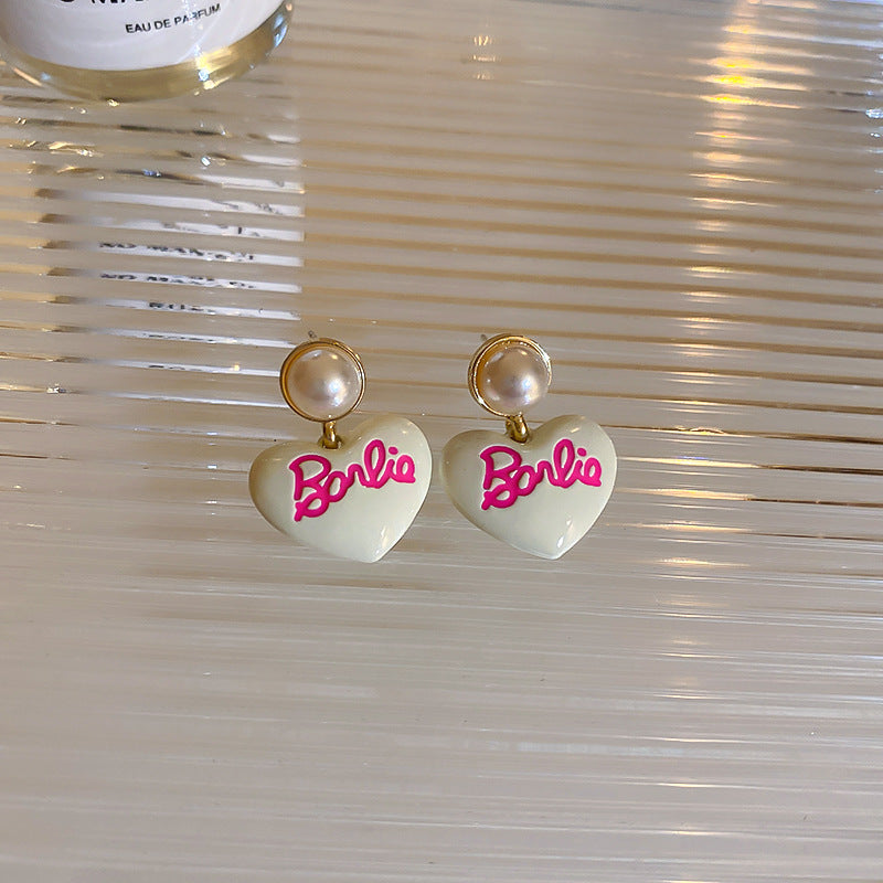 Drop Oil Barbie Letter Love Heart Imitation Pearl Earrings