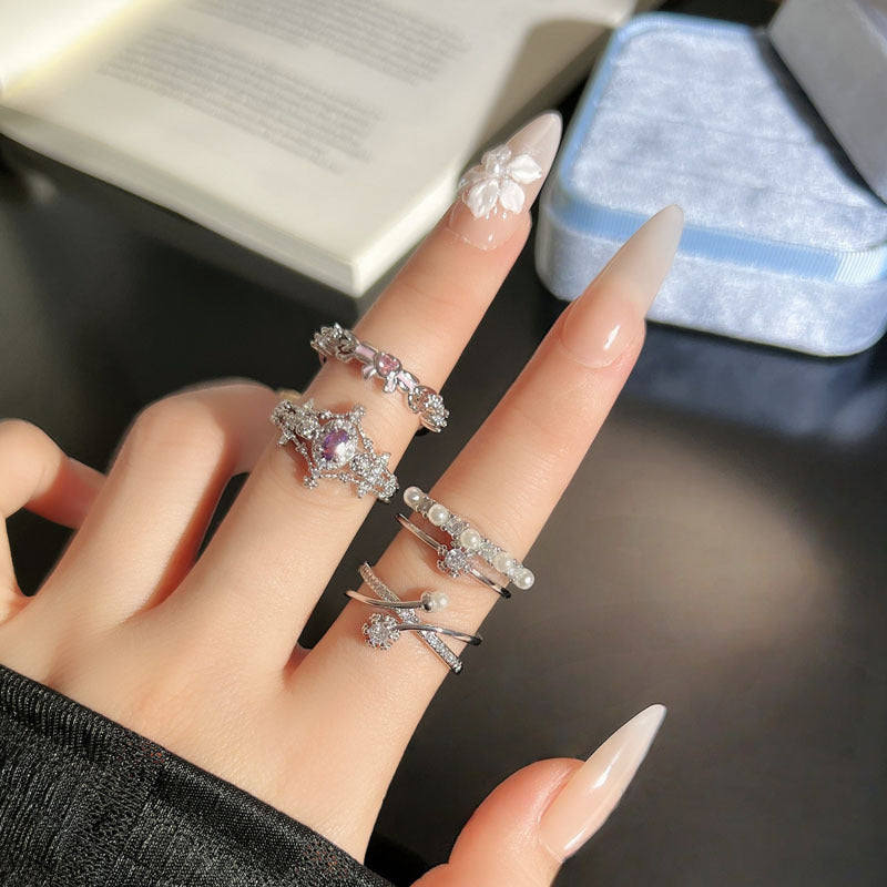 Layer Sparking Zirconium Snowflake Pearl Female Unique Cold Wind Rings