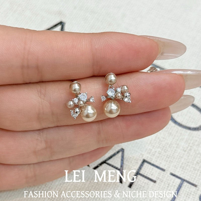 Micro Inlaid Zircon Bowknot Pearl Super Simple Stud Earrings