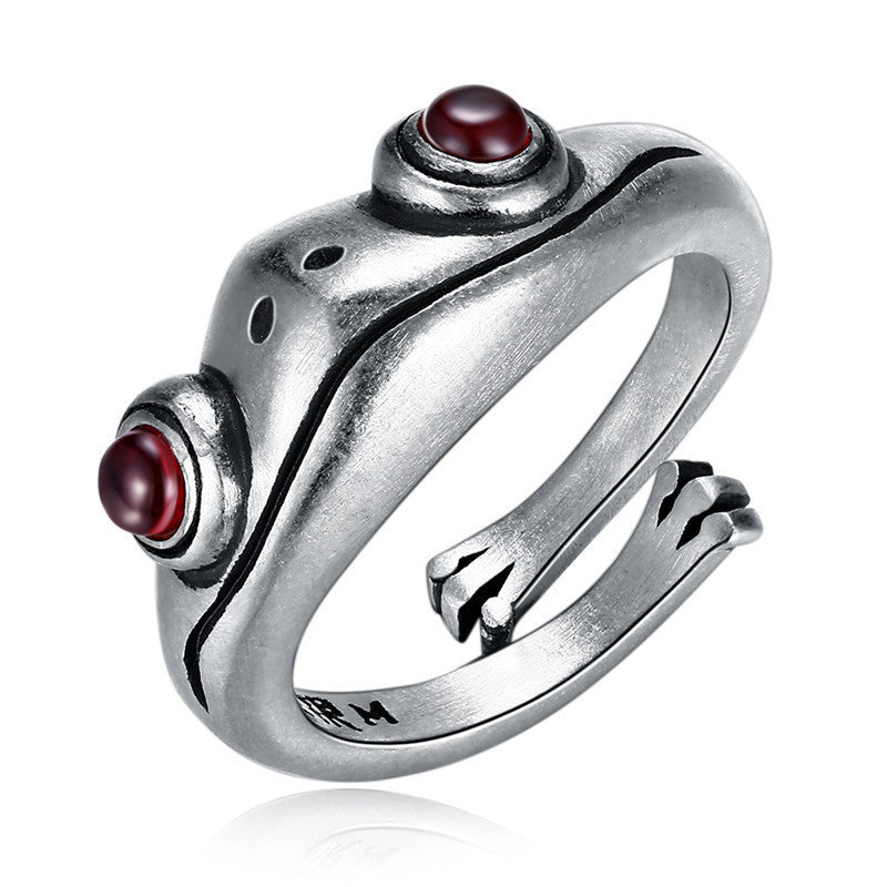 Vintage Frog Thai Sier Distressed Simple Garnet Creative Rings