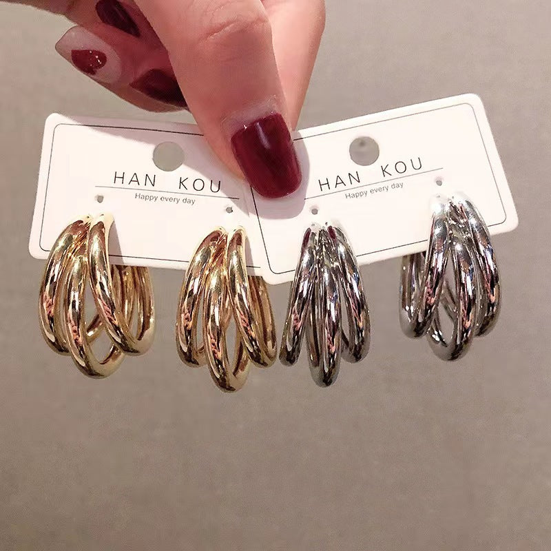 Classic Metal Three-ring Round Elegance Retro Shaped Earrings