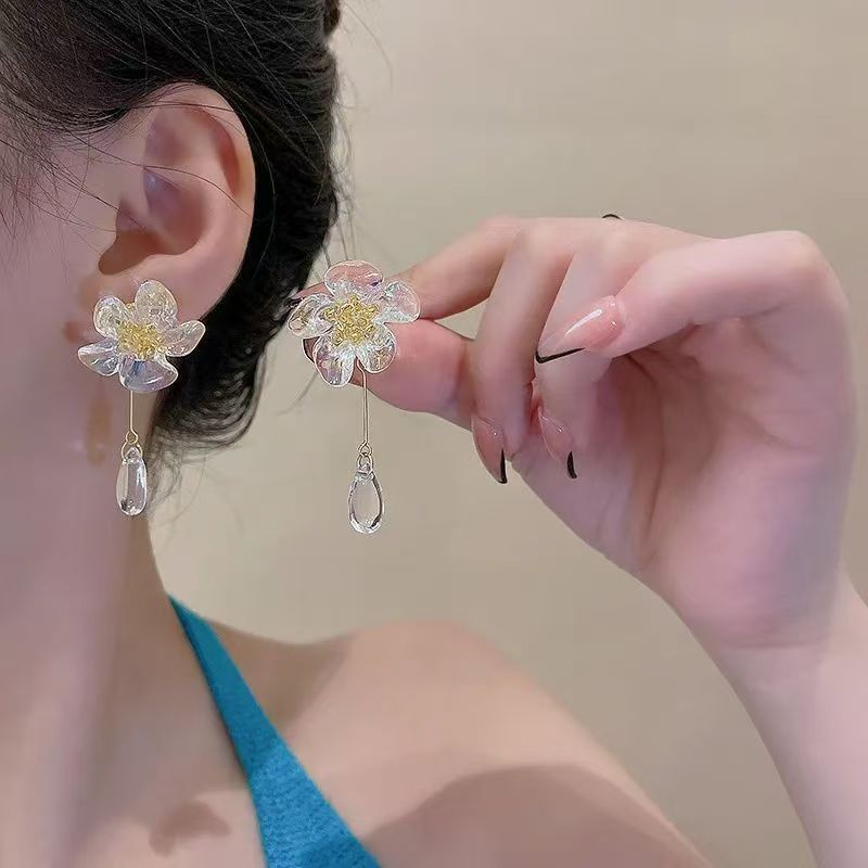 Women's Mori Style Transparent Flower Tassel Water Drop Earrings
