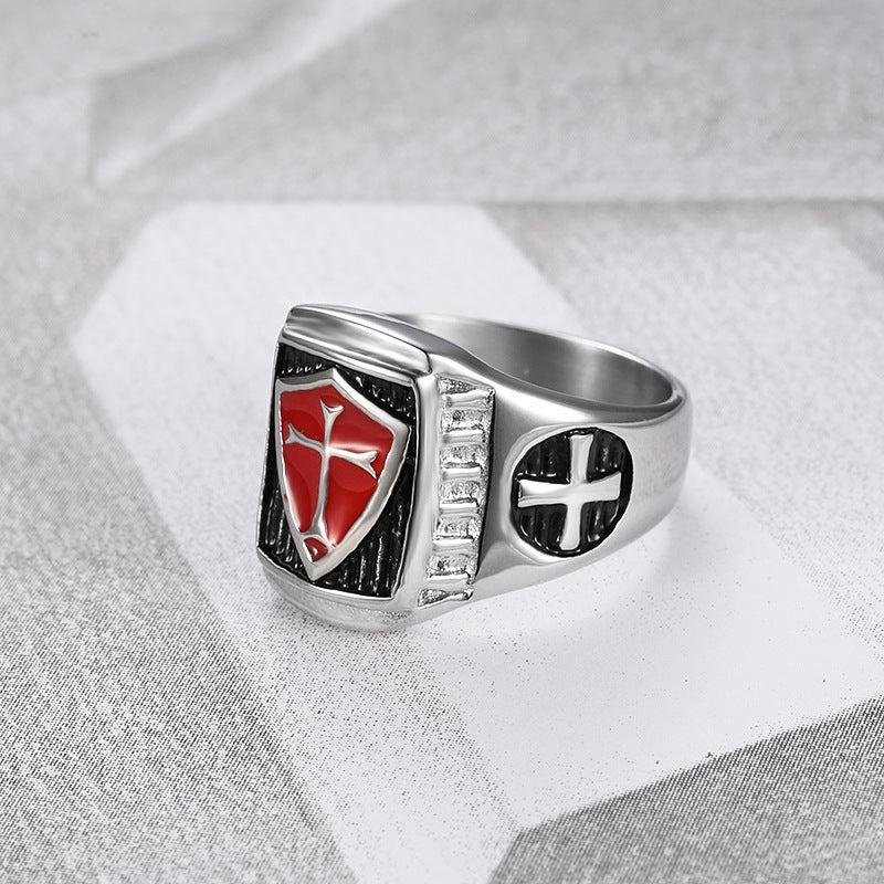 Men's Stainless Steel Oil Dripping Red Cross Hip Hop Street Snap Ring