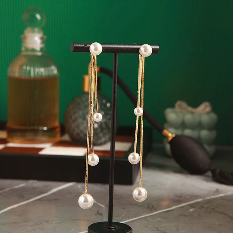 Women's Sier Needle Pearl Long Tassel High-grade Earrings