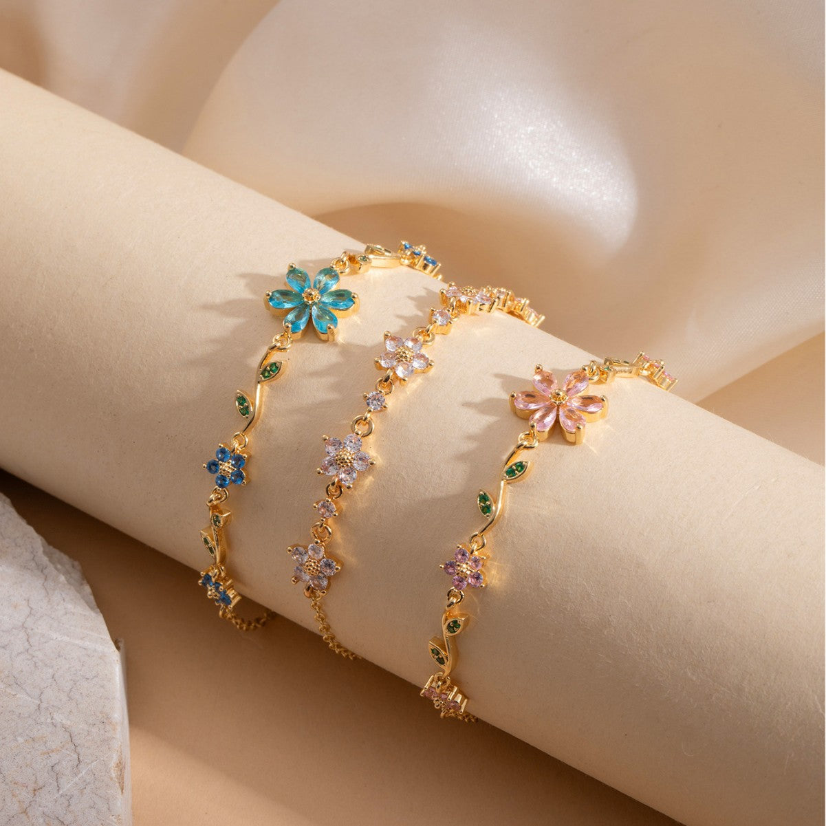 Cute Sweet Flower Bowknot Zircon Copper Bracelet