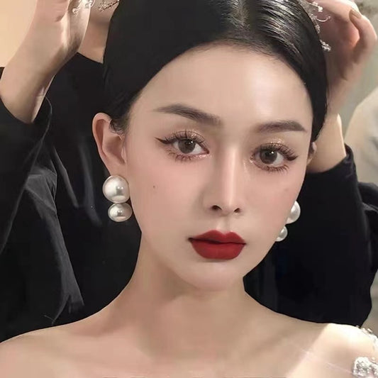 Hepburn Style Big Pearl Bride High Class Elegant French Ear Stud Earrings
