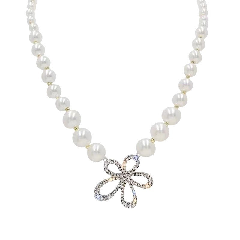 Full Diamond Five Petal Flower Imitation Pearl Love Heart Flowers Necklaces