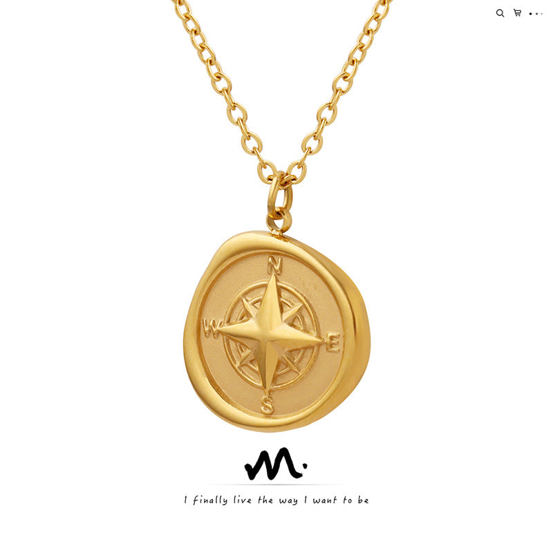 Round Compass Design Titanium Steel Gold-plated Necklace