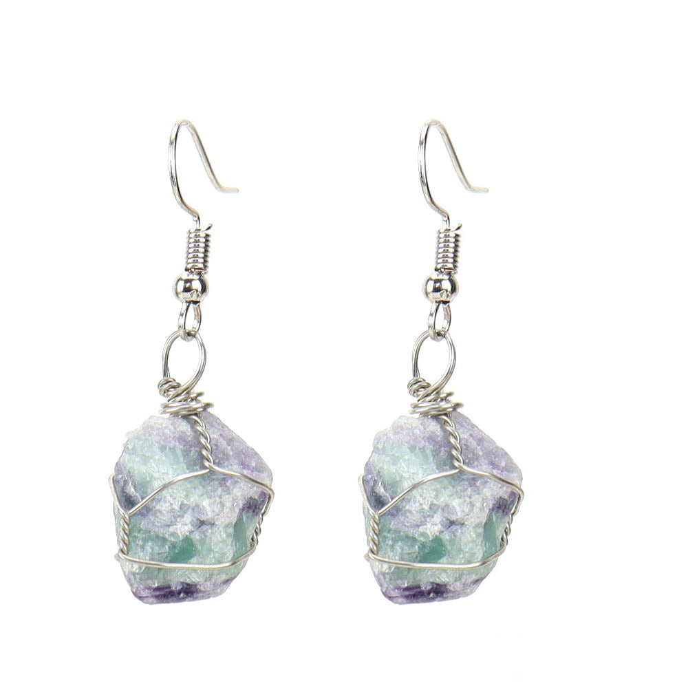 Women's Handmade Sier Winding Natural Stone Rough Crystal Agate Earrings