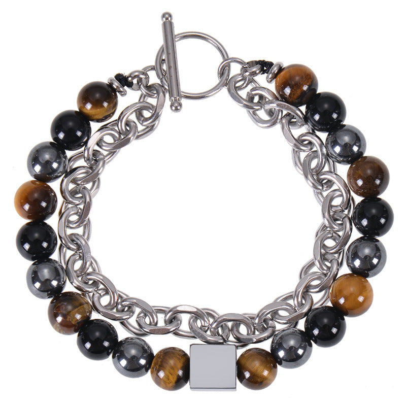Men's Stainless Steel Square Black Magnet Beaded Bracelet