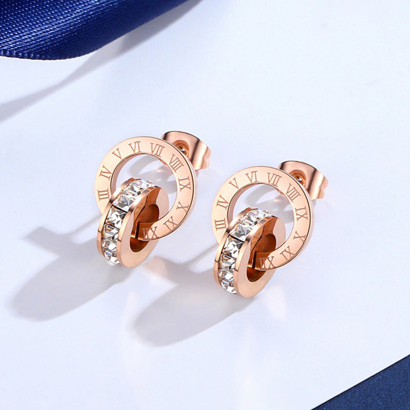 Elegant Buckle With Roman Numerals Round Rose Gold Plated Earrings