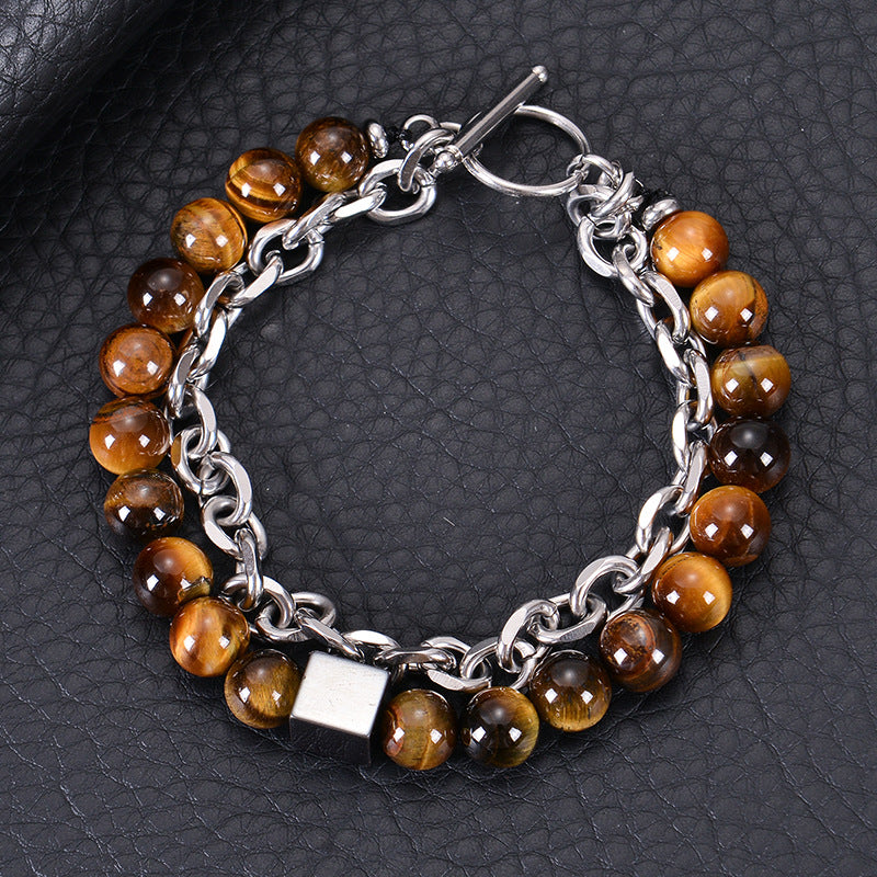 Men's Stainless Steel Square Black Magnet Beaded Bracelet