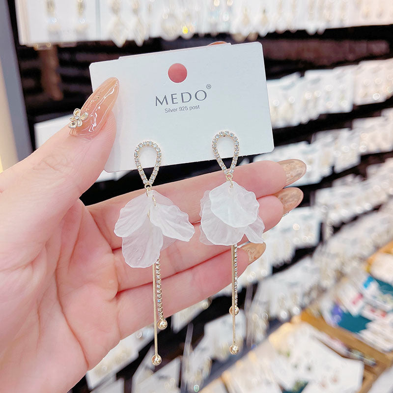 Long White Petal Fringed Sweet Super Fairy Simple Fresh Sier Earrings