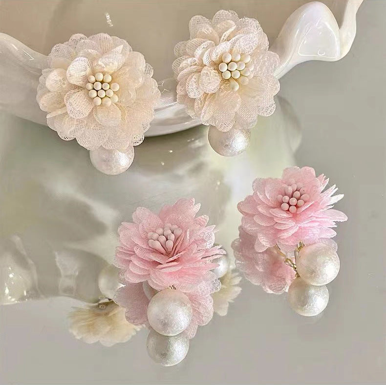 Women's Super Fairy Retro Fabric Chiffon Flower Sier Needle Stud Earrings