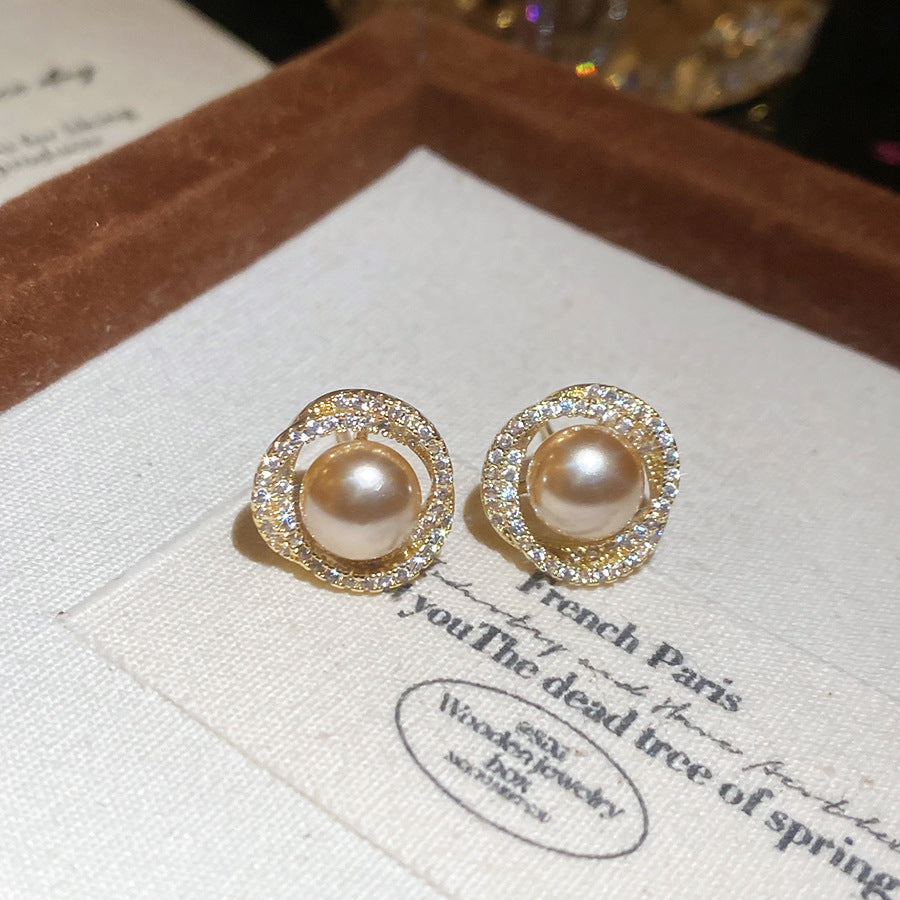 French Flash Zircon Flower Pearl Light Luxury Earrings
