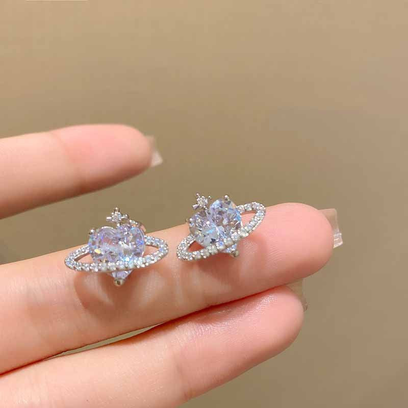 Sier Needle Fashion Universe Star Heart Shape Earrings