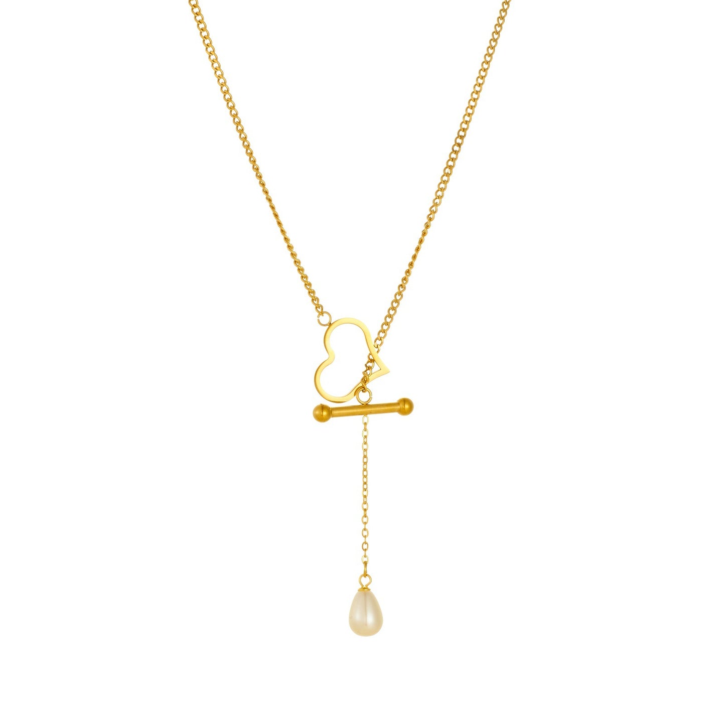 Heart-shaped Geometric Imitation Pearl Heart Buckle Temperament Clavicle Chain Tassel Necklace