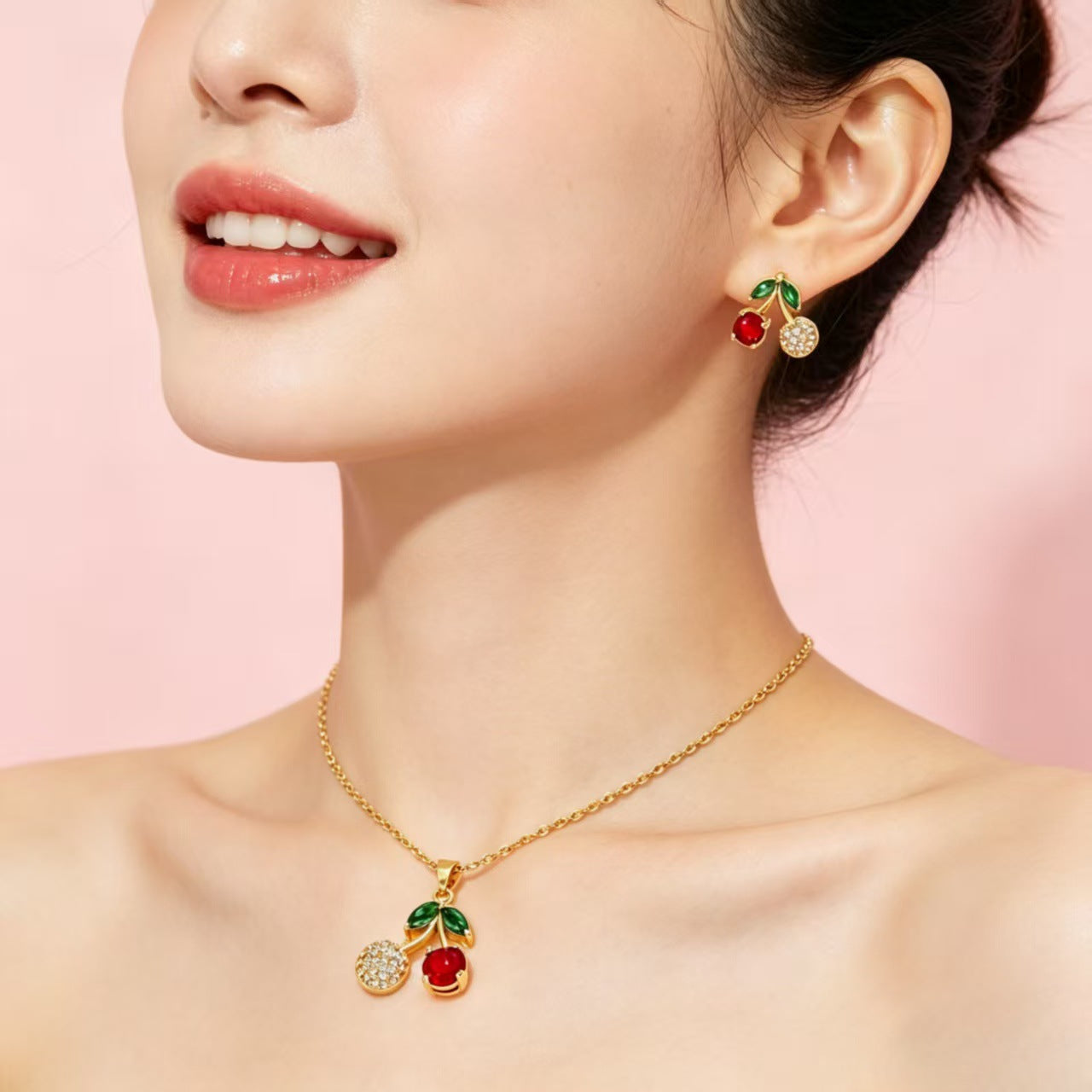 Cherry Suite Red Green Zircon Vitality Girlish Style Daily Commuter Jewelry Set