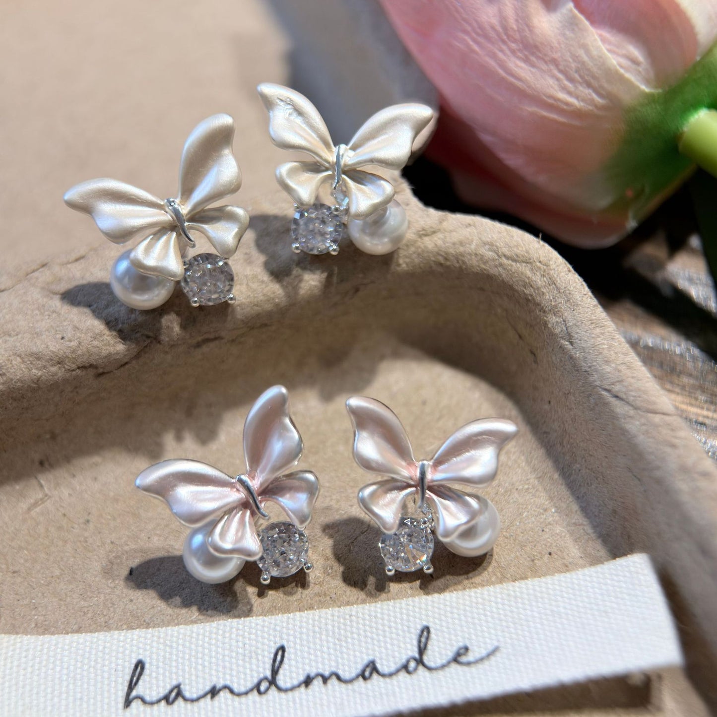 Women's Design Pink Butterfly Pearl Zircon With Diamond For Stud Earrings
