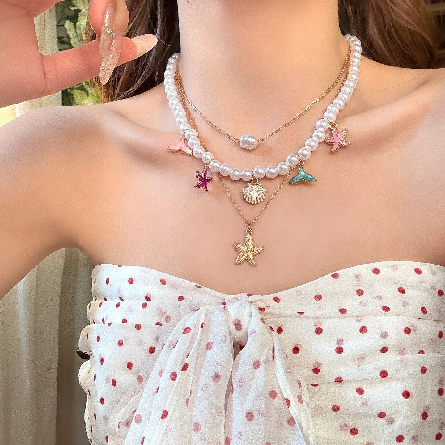 Colorful Island Starfish Pearl Seaside Vacation Style Clavicle Chain Necklace