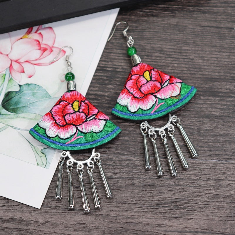 Women's Retro Ethnic Style Handmade Embroidered Fabric Long Flower Earrings