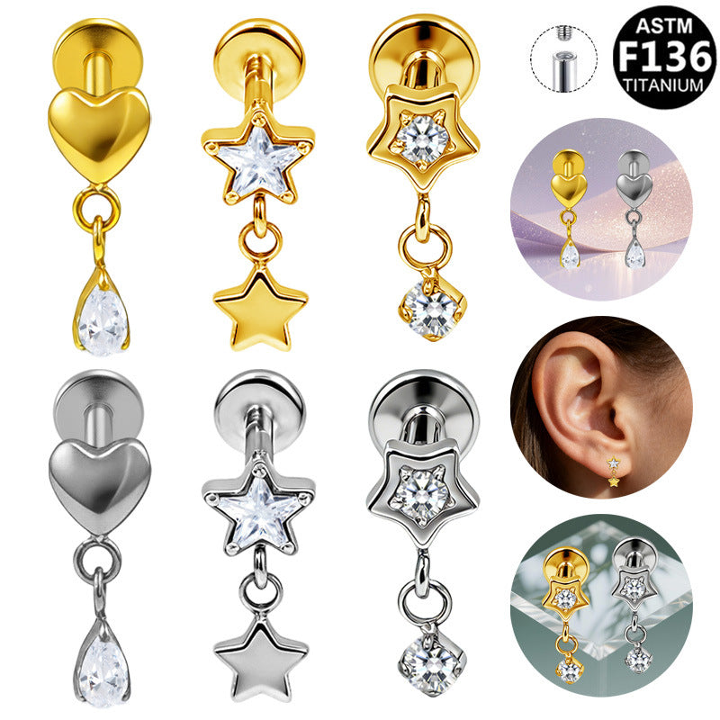 Alloy Internal Thread Piercing Five-star Water Drop Ear Stud Earrings