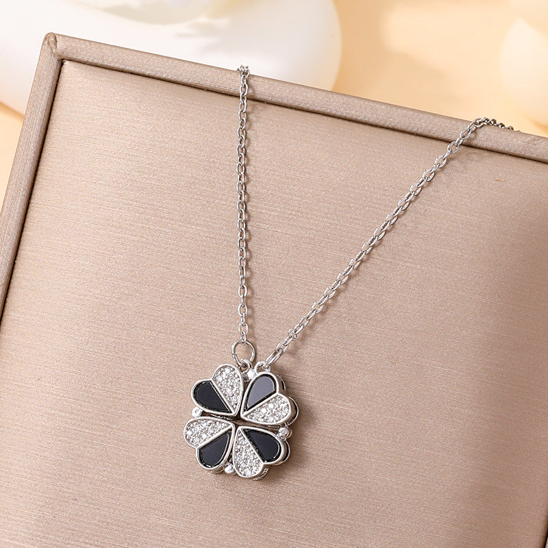 Women's Heart-to-heart Open Close Four-leaf Titanium Steel Fashionable Heart-shaped Folding Clavicle Necklace