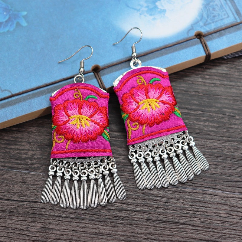 Women's Retro Ethnic Style Handmade Embroidered Fabric Long Flower Earrings