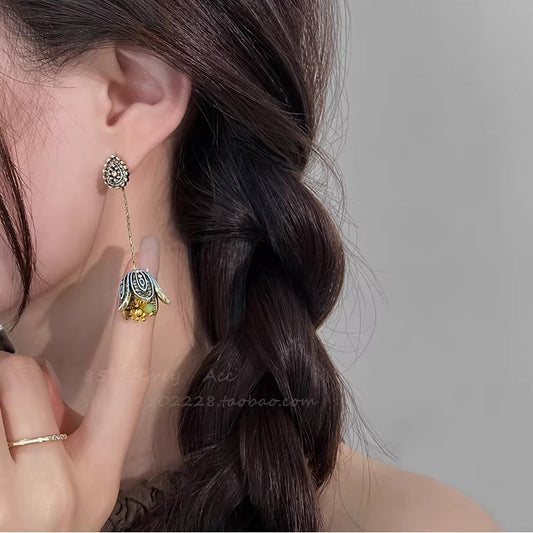 Women's Flower Long Wind Chimes Tassel Retro High-grade Stud Earrings